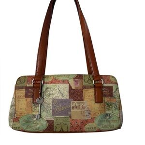Fossil Map Print Shoulder Bag with Brown Straps